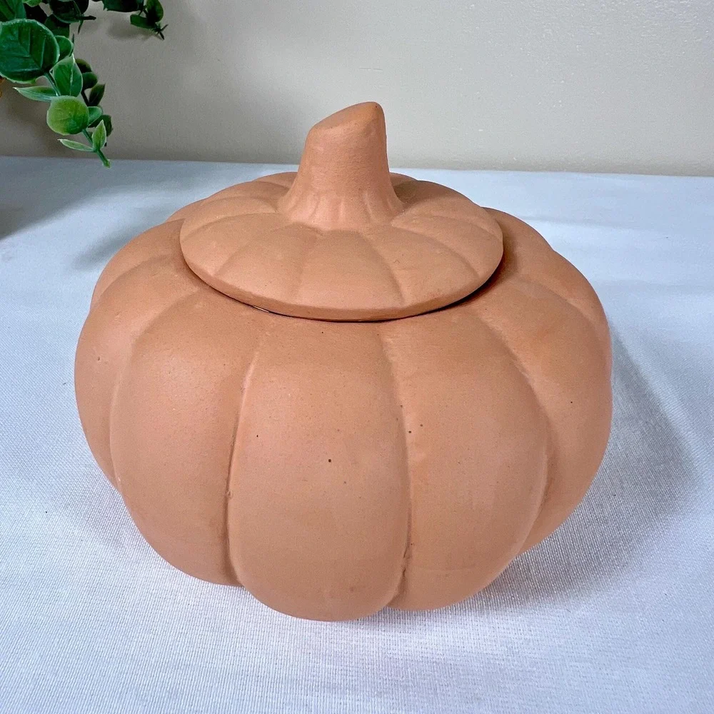 Small Vintage Terracotta Unglazed Pumpkin Jack-O-Lantern